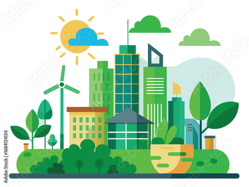 Green city skyline with renewable energy and lush vegetation for a sustainable future