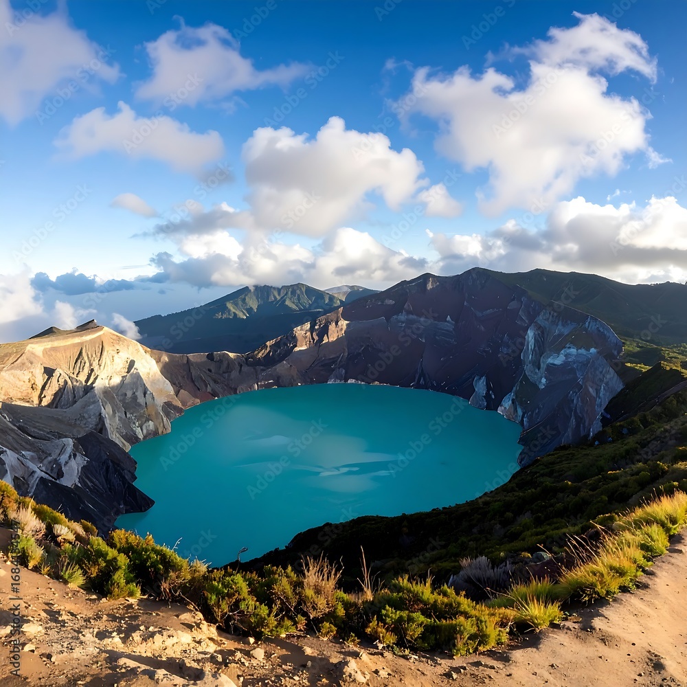 Fototapeta premium Stunning turquoise crater lake nestled within a dramatic volcanic landscape under a vibrant blue sky.