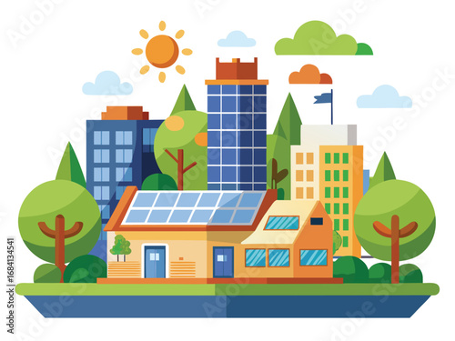 Sustainable urban eco house scene with solar panels green trees and modern buildings