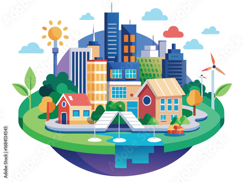 Sustainable urban ecosystem vibrant cityscape with greenery renewable energy and modern architecture