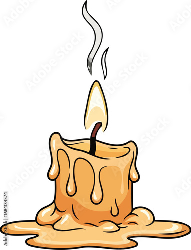 melted yellow candle with burning wick and smoke