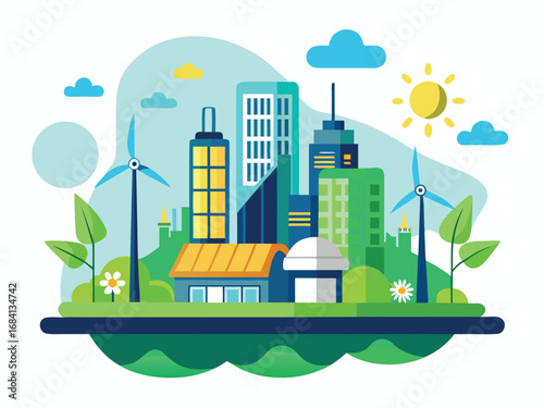 Vibrant eco-friendly cityscape with green buildings and wind turbines showcasing sustainable urban development
