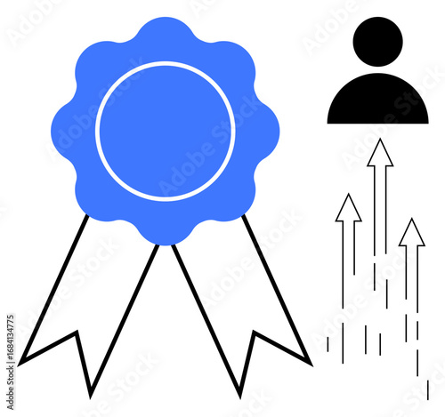 Blue award ribbon, minimal person icon, and upward arrows represent recognition, growth, success, motivation, achievement, encouragement and progress. Ideal for business growth education goals