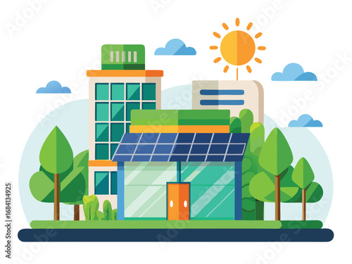 Sustainable urban scene with eco-friendly building and green energy features under a sunny sky