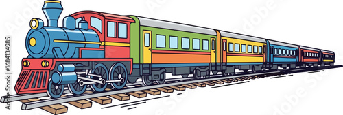 colorful vintage train journey retro locomotive and passenger cars