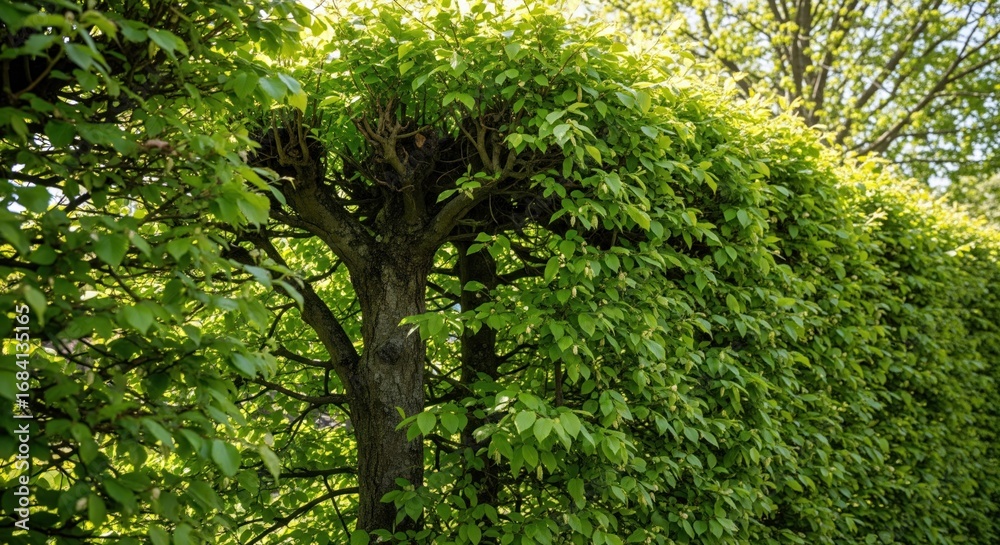 Fototapeta premium Lush green hedge with trimmed topiary