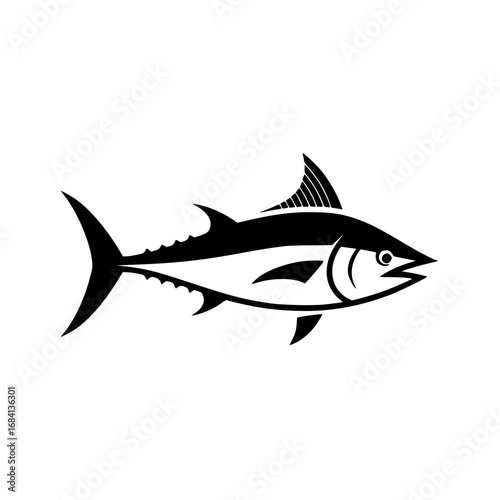 Black tuna fish icon in flat silhouette style with tail and fins