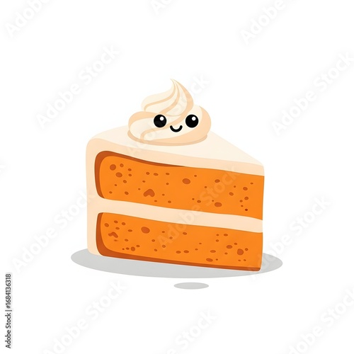 An adorable slice of cake personified as a cute cartoon character with a happy smiling face and creamy frosting, vector illustration isolated on a white background