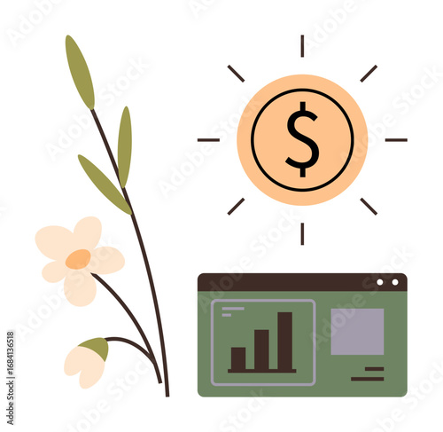 Flower sprigs, bright dollar sun, and bar graph combining nature with financial progress. Ideal for finance, growth, business, eco-economy, innovation sustainability wealth. Simple flat metaphor