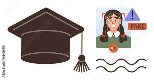 Graduation cap next to digital deepfake detection interface with alert, video frame, and fake tag. Ideal for online learning, technology, media ethics, AI awareness, social trust, cybersecurity