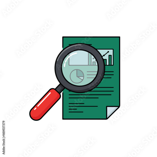 A magnifying glass focuses on a green document The document features graphs and lines