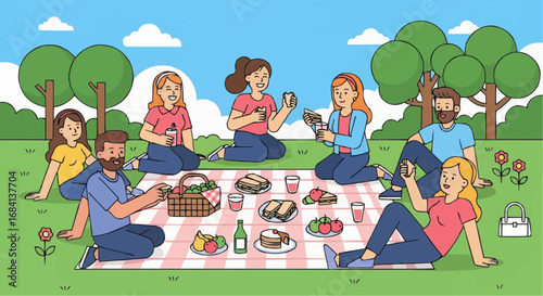 I love food day semptember 9 illustration of group picnic in park with friends and family enjoying food and outdoor recreation time fun vector