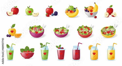 I love food day semptember 9 healthy eating habits and nutrition concept with fresh fruits salads and smoothies for diet and wellness vector