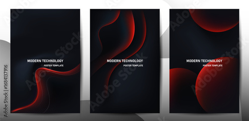 Dynamic Red Abstract Waves on dark Background Set.