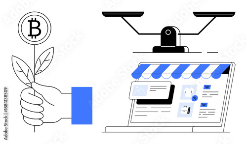 Hand holding bitcoin sprout, justice scale, online shopping platform. Ideal for cryptocurrency, digital economy, e-commerce, finance, blockchain balance innovation metaphor. Simple flat metaphor