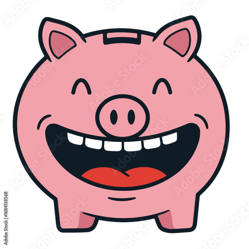 A pink piggy bank illustration smiling widely with an open mouth teeth and a red tongue It has visible ears and a coin slot