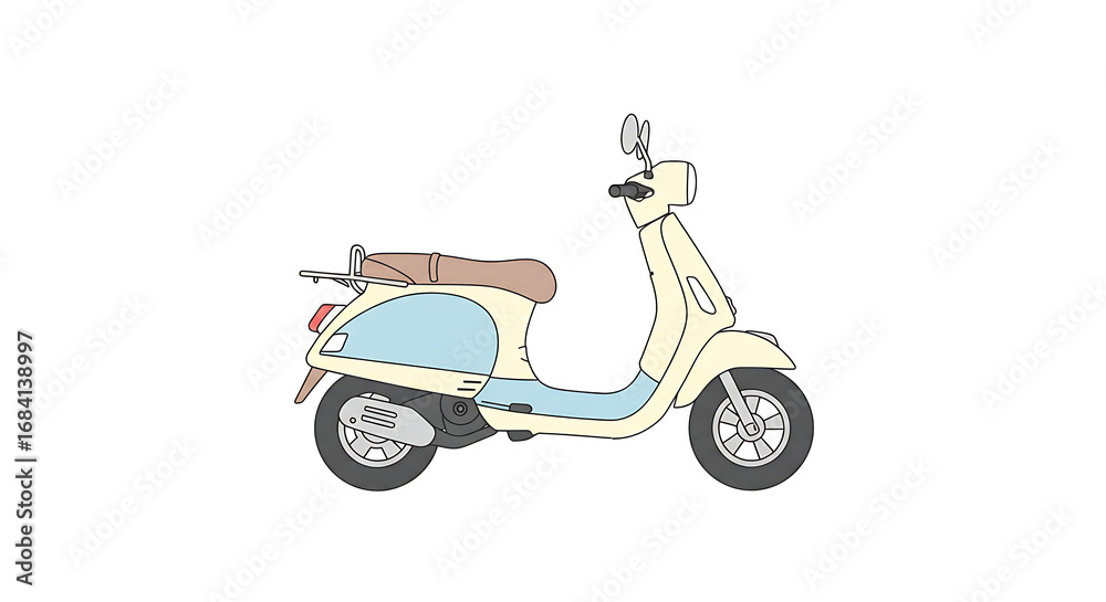 Fototapeta premium Charming Vintage Style Scooter in Cream and Light Blue with a Brown Seat on a White Background Offering a Nostalgic and Stylish Ride for Urban Exploration and Leisurely Cruising Capturing the Essence 