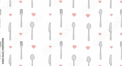 I love food day semptember 9 seamless pattern of cutlery with hearts background for kitchenware design and romantic dinner table decor ideas vector