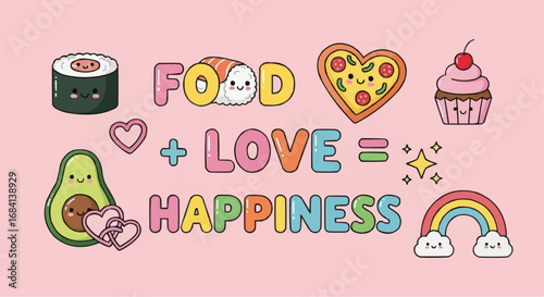 I love food day semptember 9 food love happiness kawaii cute sushi pizza cupcake avocado rainbow hearts vector illustration design art vector