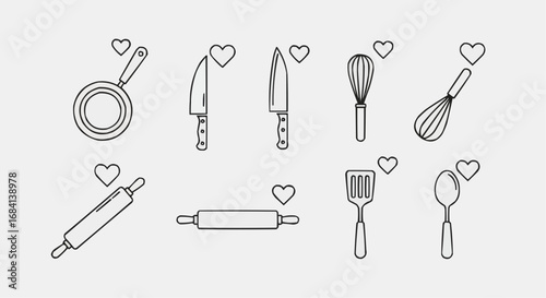 I love food day semptember 9 cooking utensils and kitchen tools with hearts vector illustration for culinary and baking concepts vector