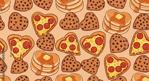 I love food day semptember 9 seamless pattern of heart shaped cookies pizza and pancakes for valentine's day sweet food background vector