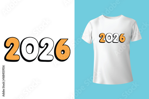Textured blue t-shirt with bold 2026 design on purple background. Happy New Year 2026