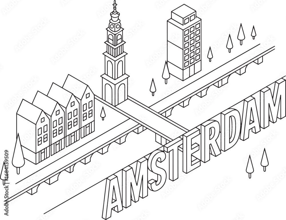 Fototapeta premium Amsterdam Cityscape Isometric View with Canals, Buildings, and Bridges Vector Design