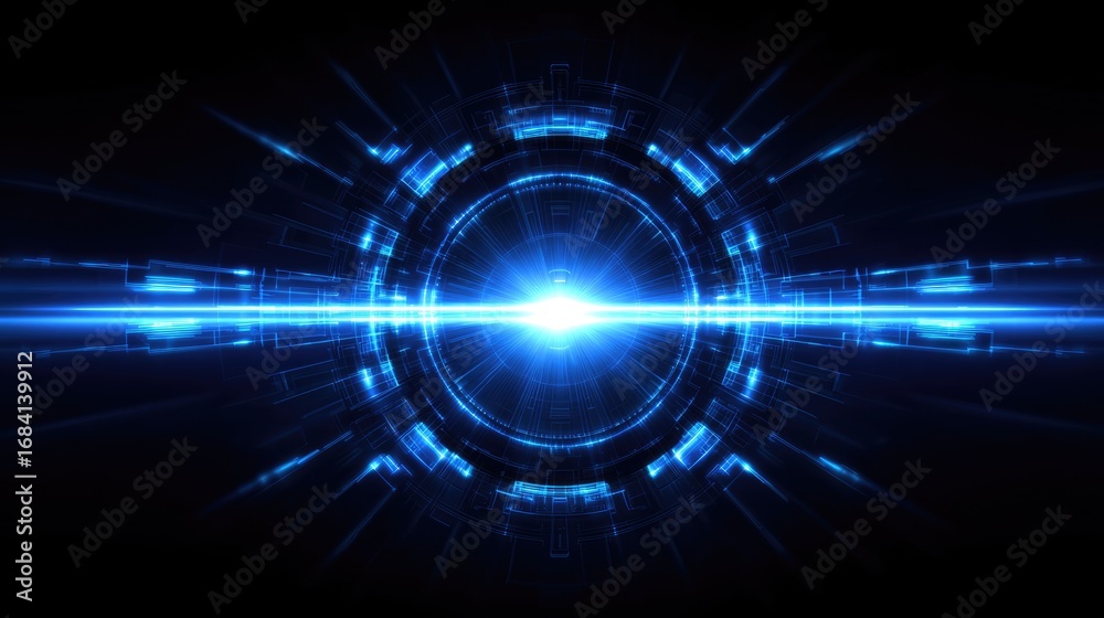 Obraz premium A futuristic blue light burst emanates from a circular core, creating a stunning visual effect. Ideal for use in tech-related projects, digital art, and backgrounds.