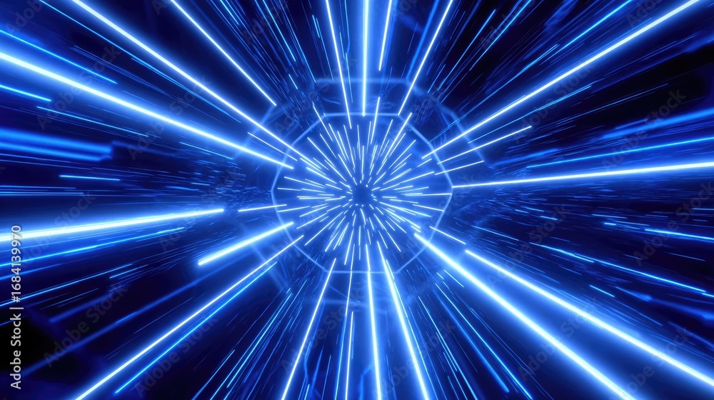 Obraz premium A futuristic scene depicting dynamic rays of blue light moving rapidly, creating a sense of speed and motion. This vibrant digital artwork evokes feelings of energy and innovation.
