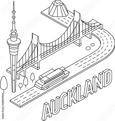 Auckland's Iconic Skyline Isometric Illustration Showcasing Cityscape with Harbour Bridge and Tower