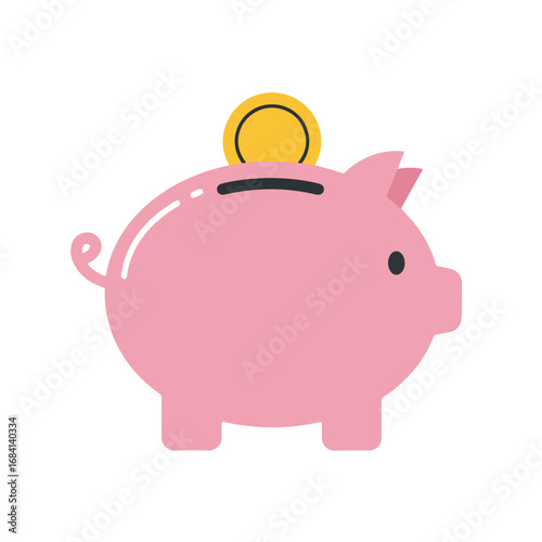 Pink piggy bank with a coin in slot simple design on white background
