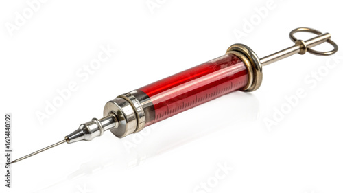Antique medical syringe with red fluid isolated on transparent background