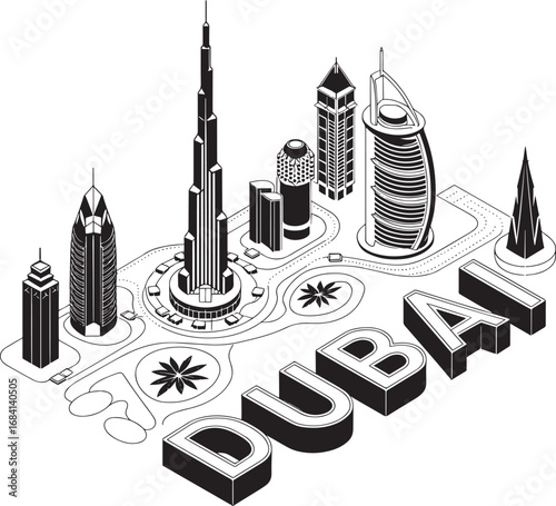 Isometric Dubai Cityscape Illustration Featuring Iconic Landmarks and Modern Architecture Design