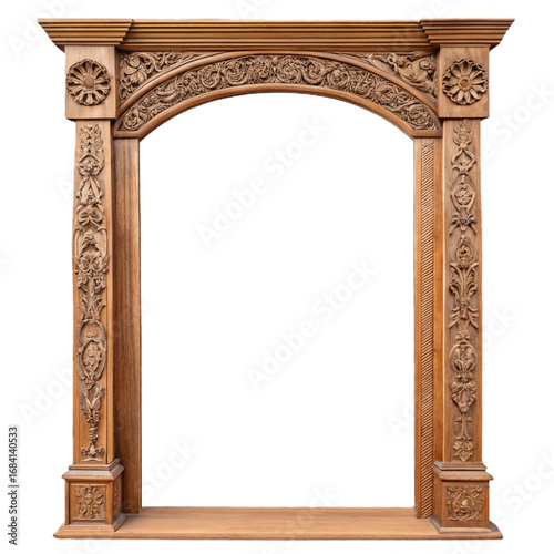 Antique carved wooden arched doorway isolated on transparent background