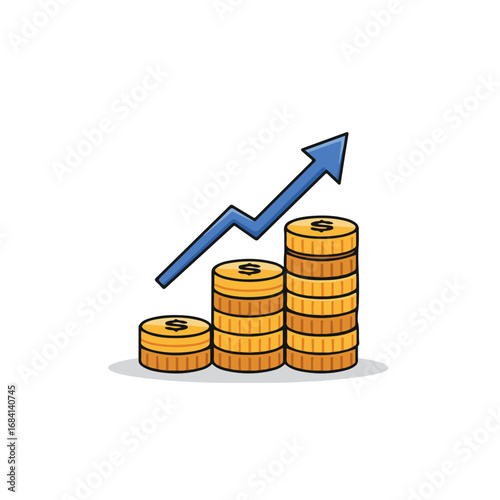 Three coin stacks increase in height from left to right A blue arrow points upwards