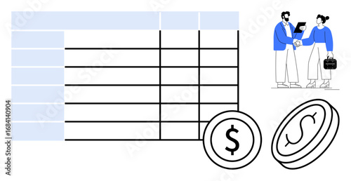 Spreadsheet alongside large coins with dollar symbols and two professionals shaking hands. Ideal for finance, accounting, budgeting, collaboration, data analysis, partnerships, contracts. Simple flat