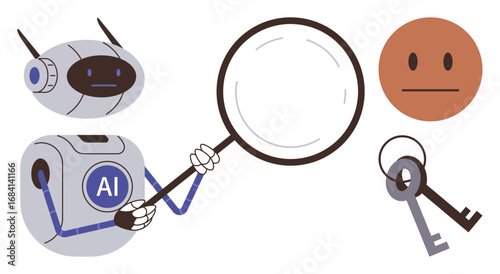Robot labeled AI using magnifying glass to examine and analyze. Features include a human face and key, representing AI-driven analysis and solutions. Ideal for technology, research, innovation, data
