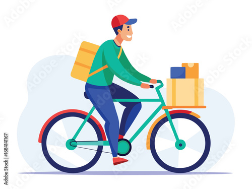 Friendly courier on bicycle delivering packages with a large yellow backpack and boxes