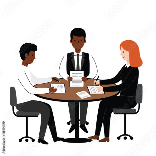 Three people two men one woman sit around a round table each holding documents and pens