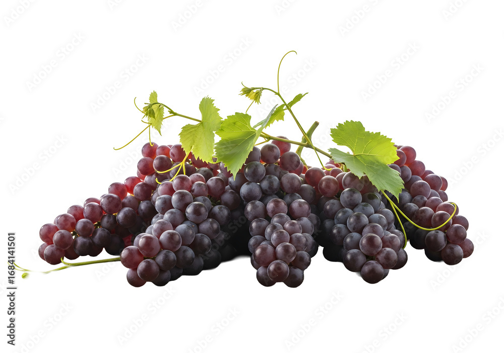 Fototapeta premium Fresh red grapes with green leaves isolated on transparent background