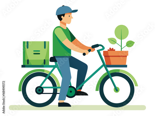 Eco courier delivers package and plant with sustainable green bicycle