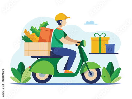 Eco-friendly urban delivery person on a green scooter with groceries and packages