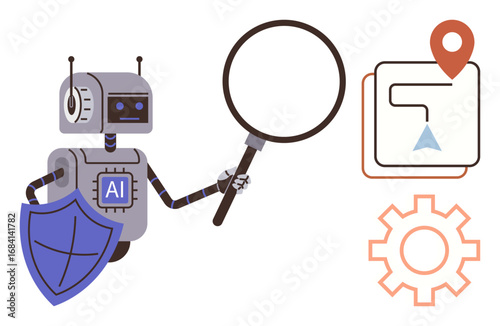 AI robot holding magnifying glass near map with route marker, shield for data security, and gear for operation. Ideal for technology, intelligence, navigation, cybersecurity, analysis, robotics