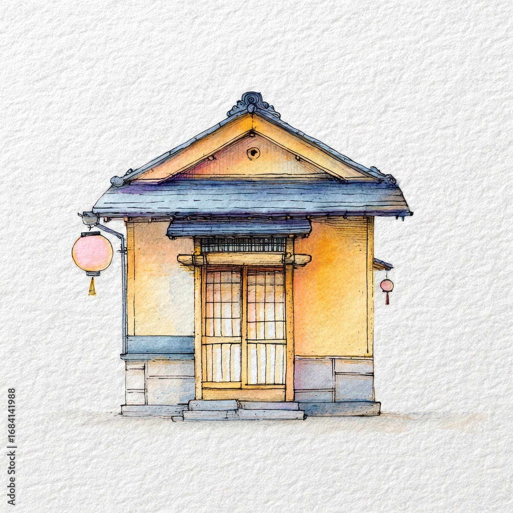 Obraz premium Watercolor painting of a small, quaint building with traditional Japanese architecture