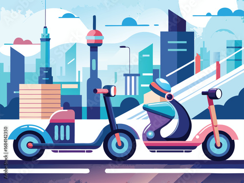 Futuristic electric scooters in a modern cityscape seamlessly blending urban mobility and style