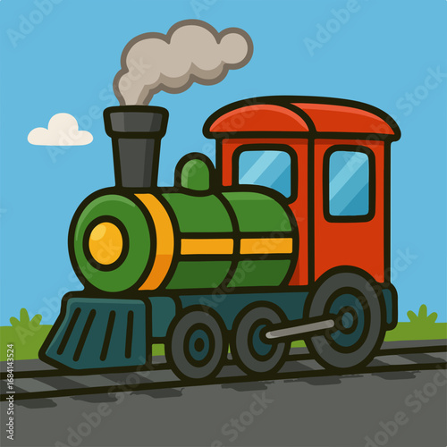 A colorful cartoon steam train on a railway track with smoke puffing from its chimney against a blue sky.