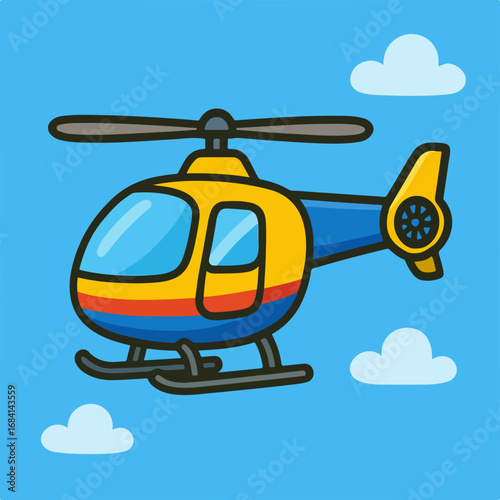 A colorful yellow and blue cartoon helicopter illustration flying in a bright blue sky with clouds.