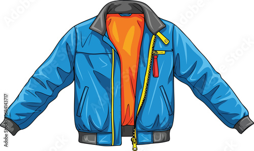 stylish blue bomber jacket retro 80s fashion, open zip, colorful lining