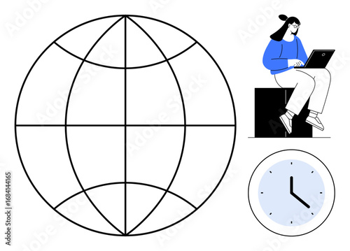 Globe with grid symbolizing worldwide connection, woman working on laptop, clock for time management. Ideal for technology, business, remote work, global communication, time tracking, productivity