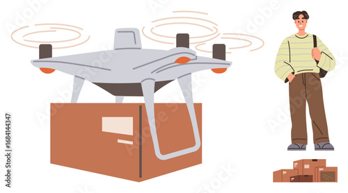 Delivery Quadcopter carrying a box mid-air, person waiting beside additional packages. Ideal for logistics, innovation, e-commerce, technology, convenience, delivery service future trends. Simple flat